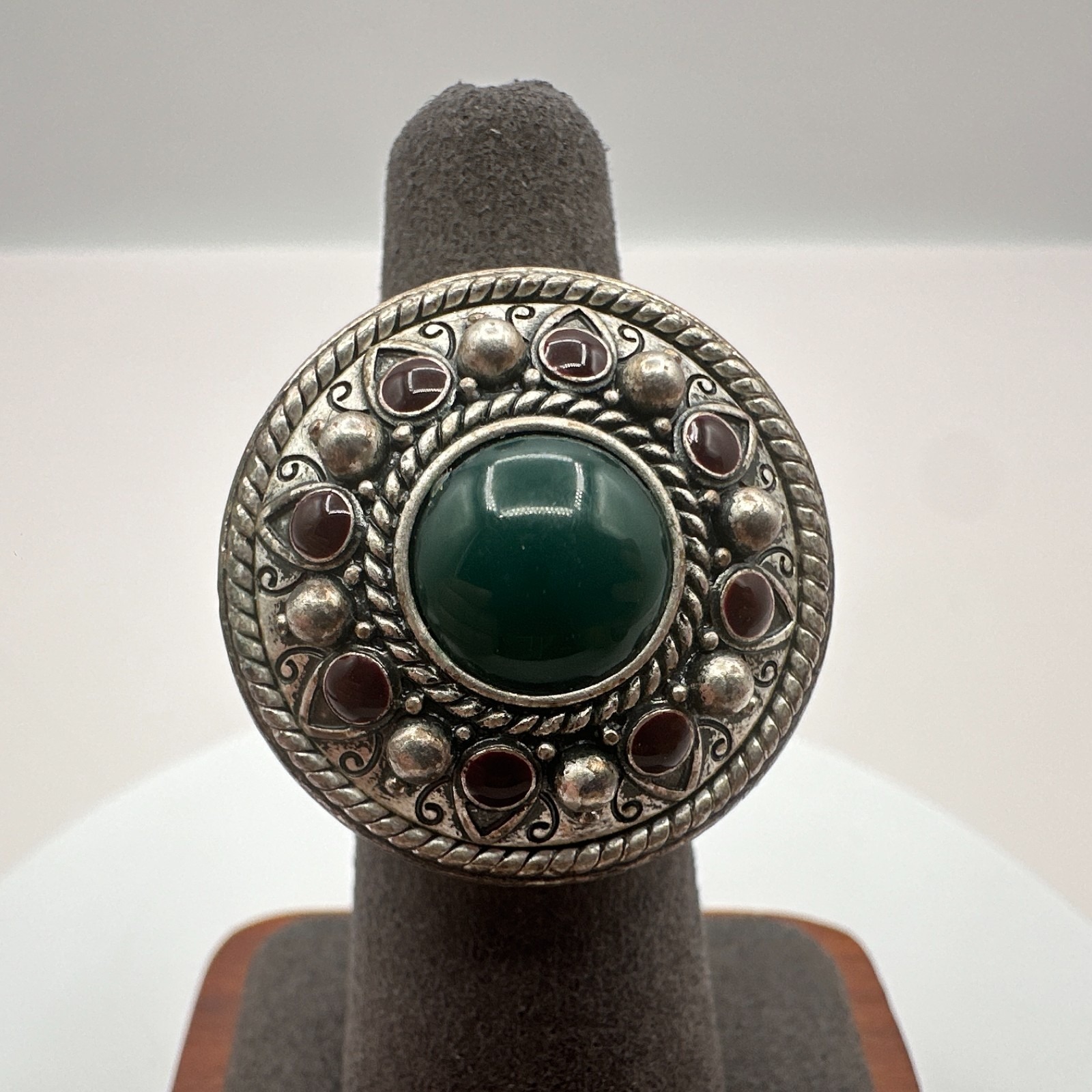 Vintage Y2k Lucky You Silver Tone Engraved Glass Stone Ring Statement Jewelry